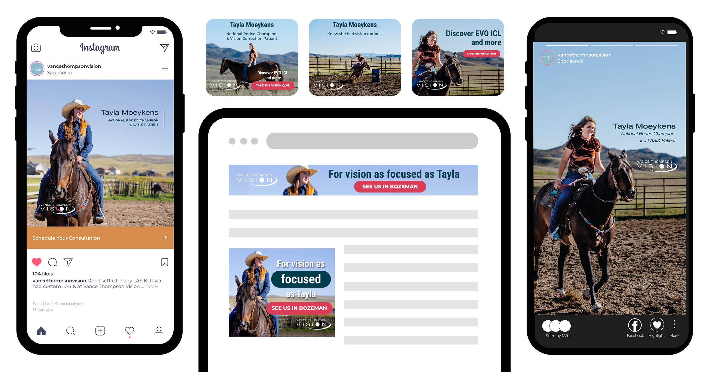 Mockup of a digital ad shown on social media and on web page featuring a woman riding a horse.